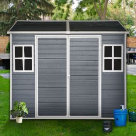 8x6ft Outdoor Resin Garden Shed with Floor and 2 Windows, Plastic Patio Outdoor Storage Shed with Lockable Door for Garden Tools, Bicycles, Trash Cans