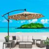 Tan 10 ft Outdoor Patio Umbrella Solar Powered LED Lighted Sun Shade Market Waterproof 8 Ribs Umbrella with Crank and Cross Base for Garden Deck Backy
