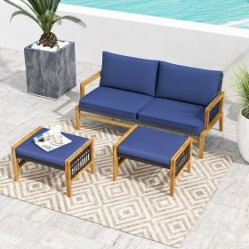 Patio Acacia Wood Ottomans with Cushions and Versatile Rattan Woven Footstools