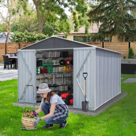 8' x 12' Hinge Outdoor Storage Room, Storage Shed with 2 Doors, Sloping Roof and 6 Pegs, Outside Garden Shed for Tools, Bike, Lawnmower and Garbage
