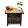 Outdoor Wicker Side Table with Umbrella Hole & Storage Space, Square PE Rattan End Table for Patio Garden Poolside Deck Brown
