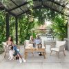 4 Piece Patio Furniture Set, Outdoor Acacia Wood Conversation Set, All-Weather Rope Sofa Set with Coffee Table, Loveseat