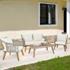 4 Piece Patio Furniture Set, Outdoor Acacia Wood Conversation Set, All-Weather Rope Sofa Set with Coffee Table, Loveseat