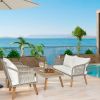 4 Piece Patio Furniture Set, Outdoor Acacia Wood Conversation Set, All-Weather Rope Sofa Set with Coffee Table, Loveseat