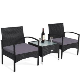 3 Pieces Patio Wicker Rattan Furniture Set with Cushion for Lawn Backyard (Color: Gray)
