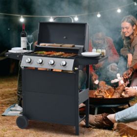 Propane Gas Grill 4 Burner Barbecue Grill, Stainless Steel 34,000 BTU Patio Garden Barbecue Grill with Two Shelves, Lid, Wheels and Bottle Opener (Grill Body Material: Iron)
