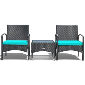 3 Pieces Patio Wicker Rattan Furniture Set with Cushion for Lawn Backyard (Color: Turquoise)